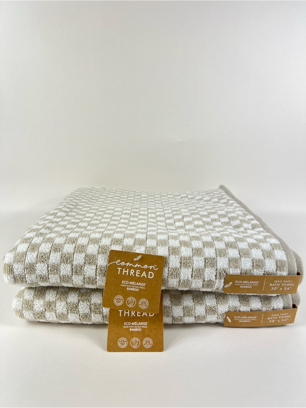 Common Thread 2 Pc Bamboo Bath Towels Tan and White Check Print Soft Cotton NEW
